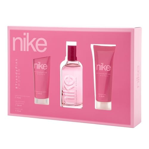 Nike - Trendy Pink, Perfume 100 ml + Gel de Baño 75 ml + Loción Corporal 75 ml, Estuche de Regalo de Mujer, Pack Nike Trendy Pink, Femenino, Fresca y Juvenil, Colonia Floral y de Larga Duración