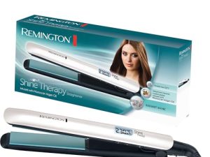 Remington Plancha de Pelo Shine Therapy, Aceite de Argán, Placas Flotantes Extralargas, Resultados Profesionales, Cabello Brillante, Cerámica Avanzada, 9 Temperaturas hasta 230°C, Digital, S8500