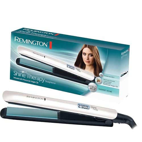 Remington Plancha de Pelo Shine Therapy, Aceite de Argán, Placas Flotantes Extralargas, Resultados Profesionales, Cabello Brillante, Cerámica Avanzada, 9 Temperaturas hasta 230°C, Digital, S8500