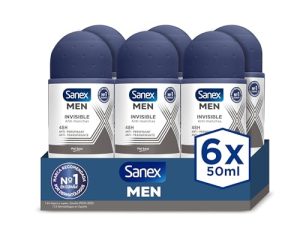 Sanex Men Dermo Invisible, Desodorante Roll-on Hombre, Antitranspirante, Pack 6 unidades x 50ml