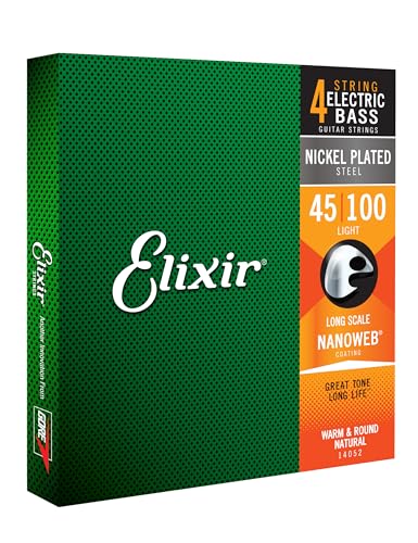 Elixir Cuerdas para bajo de 4 cuerdas Strings de acero niquelado con recubrimiento NANOWEB, escala larga, calibre ligero (.045-.100)