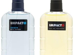 IMPACTO – Colonias Hombre Classic + Azure, Pack de 2 x 200 ml, Agua de Colonia en Formato Spray, Eau de Toilette Natural y Masculina, Fragancia Fresca y Atrayente, Colonia Elegante y Duradera