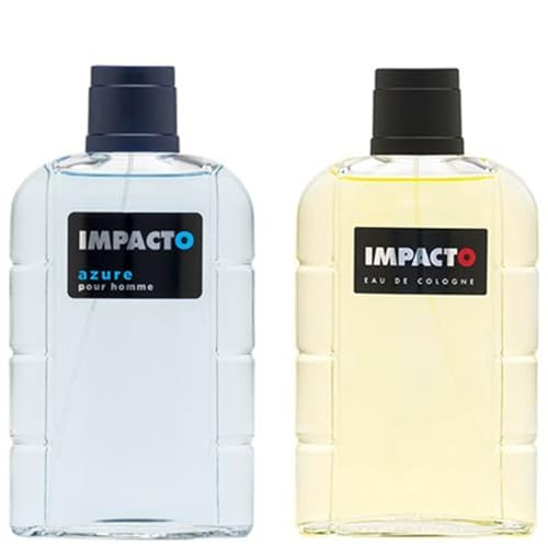 IMPACTO - Colonias Hombre Classic + Azure, Pack de 2 x 200 ml, Agua de Colonia en Formato Spray, Eau de Toilette Natural y Masculina, Fragancia Fresca y Atrayente, Colonia Elegante y Duradera