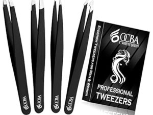 OCBA 4 piezas Pinzas para cejas pinzas de depilar para depilación de cejas Punta mejorada Pinzas profesionales para cejas con acabado antideslizante para depilación con funda incluida