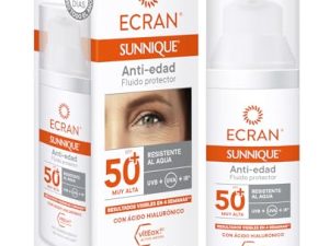 Ecran Sunnique – Fluido Facial Solar Anti-edad FPS 50+, con Ácido Hialurónico, Protección Muy Alta UVB + UVA e IR-A, Anti Arrugas y Anti Manchas, Fórmula con VitEox 80, Para Cara y Escote – 50 ml