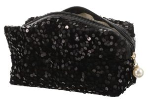 CRILSTYLEO Bolsa De Aseo para Mujer con Detalle De Lentejuelas Organizador De Maquillaje Compacto Gran Capacidad Almacenamiento Portátil Color Negro