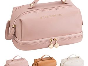 Hggzeg Bolsa de cosméticos de gran capacidad, bolsa de maquillaje de viaje de doble capa, bolsa de aseo portátil de poliuretano impermeable para mujeres y niñas, Pink