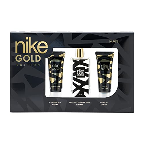 NIKE - Gold Edition, Estuche de Regalo Hombre, Colonia 100 ml + After Shave 75 ml + Gel de Baño 75 ml, Eau de Toilette Masculina, Aroma Cítrico Especiado, Fragancia Fresca, Elegante y Duradera