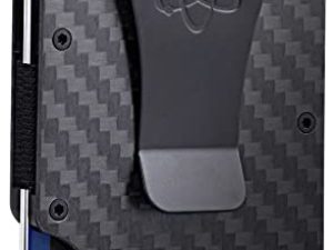 ROSSM Cartera para Hombre con Bloqueo RFID – Tarjetero Hombre Minimalista de Fibra de Carbono y Metal para Tarjetas de Crédito con Pinza y Banda Elástica para Billetes