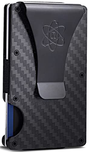 ROSSM Cartera para Hombre con Bloqueo RFID - Tarjetero Hombre Minimalista de Fibra de Carbono y Metal para Tarjetas de Crédito con Pinza y Banda Elástica para Billetes