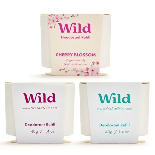 Wild - Desodorante Natural Recargable - Sin Aluminio - Pack Variado de Recargas - Incluye Esencias Fresh Cotton & Sea Salt, Cherry Blossom y Coconut & Vanilla - Protección de larga duración