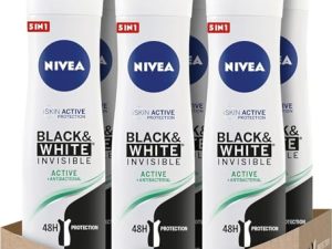 NIVEA Black & White Invisible Active Spray en pack de 6 (6 x 200 ml), desodorante antimanchas de cuidado femenino, desodorante invisible para proteger la piel y la ropa