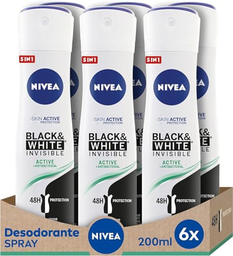NIVEA Black & White Invisible Active Spray en pack de 6 (6 x 200 ml), desodorante antimanchas de cuidado femenino, desodorante invisible para proteger la piel y la ropa