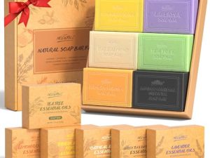 Set de Regalo de Jabón Natural, 6 Piezas de Jabón de Baño, Jabón Orgánico Para Hombres Mujeres, Jabón Para el Rostro y Cuerpo, Lavanda, Cúrcuma, Almendras, Avena, Ácido Kójico, Carbón de Bambú 6×100 g