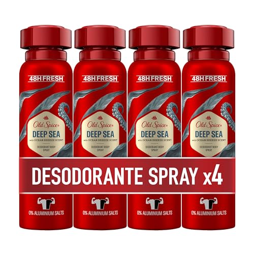 Old Spice Deep Sea Desodorante Corporal En Spray Para Hombre, 48 Horas Fresco, 0% Sales De Aluminio, Antimanchas Blancas Y Amarillentas, 4x150 ml