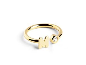 SINGULARU – Anillo Personalizado Letter Spark. Ajustable. Plata de Ley 925 con Acabado Baño de Oro de 18 Kt. Talla Unica. Joyas para Mujer. Letra M