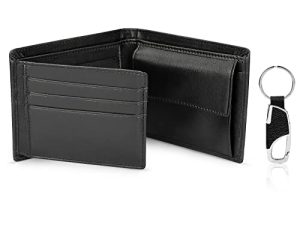 Wilbest Negro Billeteras Hombre, Cartera de Piel, Carteras Cuero, Tarjetas de Crédito Slim Moda RFID Bloqueo Monedero (+Botones de Llaves) Hecho a Mano