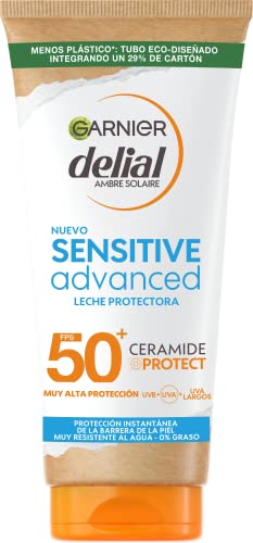 Garnier Delial Sensitive Advanced Crema Solar Muy Alta Protección FPS 50+. Tecnología Netlock. Para pieles claras, sensibles e intolerantes al sol. Muy resistente al agua. 175 ml