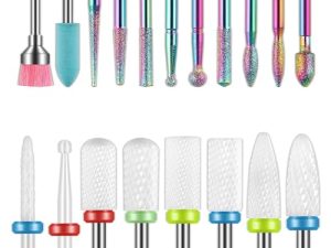 Juego de 19 brocas para uñas, 3/32» lima de uñas eléctrica de diamante kit puntas de uñas de gel acrílico de cerámica, herramientas de arte de uñas acrílicas, brocas de carburo para quitar cutículas