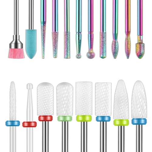 Juego de 19 brocas para uñas, 3/32'' lima de uñas eléctrica de diamante kit puntas de uñas de gel acrílico de cerámica, herramientas de arte de uñas acrílicas, brocas de carburo para quitar cutículas