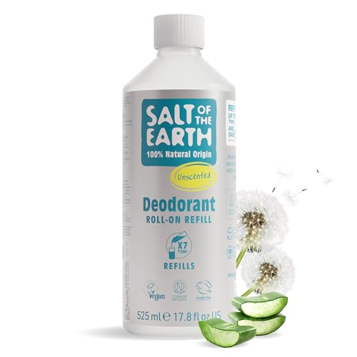 Natural Deodorant Roll On Refill by Salt of the Earth, Unscented - Vegan, Long Lasting Protection, Leaping Bunny Approved, Made in the UK - 525ml