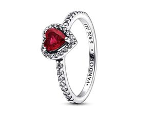 Pandora Timeless Anillo con diseño de corazón de plata de ley con cristal rojo cereza jubileo y circonitas cúbicas transparentes, talla 52