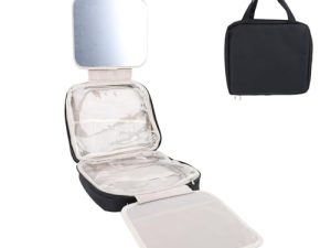 Bolsa de Aseo Viaje con Gancho para Colgar, Bolsa Organizadora de Maquillaje con Espejo para Mujer, Bolsa Cosméticos para Colgar Portátil Estuche Tren para Artículos Tocador