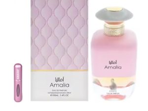 Perfume Amalia Eau de Parfum 100 ml, Perfume Árabe Unisex de Larga Duración, Incluye Atomizador Recargable, Fragancia Oriental Amaderada con Notas de Pomelo, Frutas Tropicales y Vainilla (Amalia)