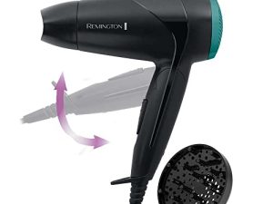 Remington Secador de Pelo Pequeño Compacto, Secador de Viaje, Plegable, óptimo Gimnasio, Concentrador, Difusor Compacto, Caudal 60km/h, 2 Velocidades, Gancho Para Colgar – D1500