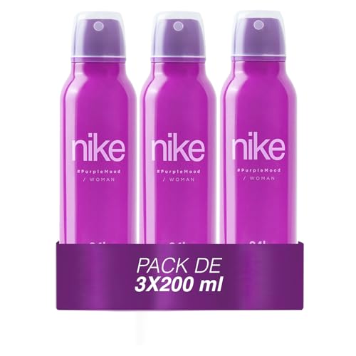 NIKE - Purple Mood Pack de 3 x 200 ml, Desodorante Mujer Spray, Desodorante Antimanchas para Todo Tipo de Piel, 0% Sales de Aluminio, de Larga Duración, Fragancia Floral Gourmand