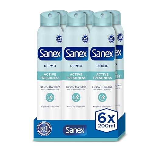 Desodorante Anti-transpirante Sanex Dermo Active Freshness Spray Pack 6 x 200ml | Hasta 48h de protección contra el sudor y el olor | Protección antimanchas | Restaura el pH natural de la piel