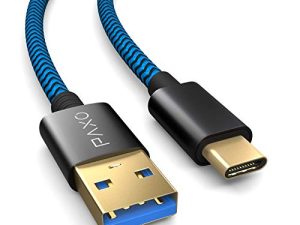 Cable de carga de nylon de 3 m para el mando de Playstation 5, cable USB C, USB 3.1 (USB 3.0), cable de carga, cubierta de tela, enchufe de aluminio, azul-negro