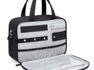 GOLF QUALITY Neceser de viaje, neceser de maquillaje con organizador de joyas, bolsa de aseo colgante para mujer, viaje al baño, Negro -, 8.6L