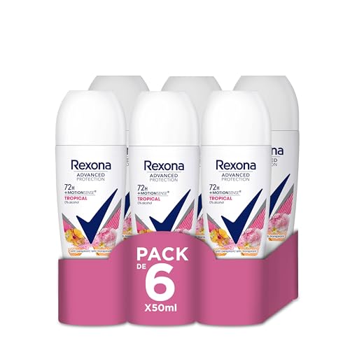 Rexona Advanced Protection Desodorante Antitranspirante Roll-on para Mujer perfume Tropical 72h 50 ml Pack de 6 Unidades