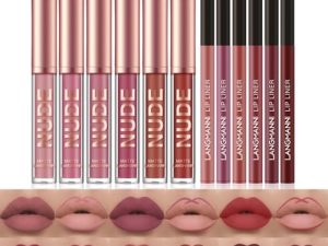 Juego de maquillaje de lápices labiales de 12 piezas, 6 líquidos mate + 6 delineadores, kit de brillo de labios resistente al agua de larga duración