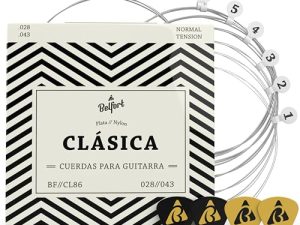 Belfort® Juego Cuerdas Guitarra Española, Clasica, Cuerdas Guitarra Flamenca) 6x Cuerda Nylon + 4 púas + eBook – Accesorios, Cuerda Guitarras (Guitar Strings)