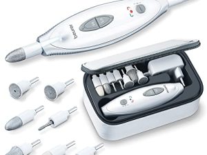 Beurer MP 41 Set de manicura y pedicura profesional, torno para uñas con 7 accesorios, luz LED, rotación derecha/izquierda, 2 velocidades, bolsa incluida