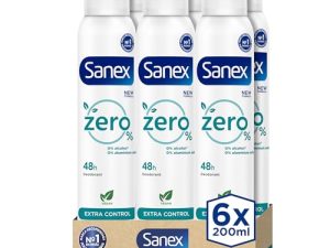 Sanex Zero% Extra Control Desodorante Spray, Pack 6 Uds x 200ml, Protección 48H, 0% Alcohol y 0% Sales de Aluminio, Ingredientes Antibacterianos, Inhibe la Formación de Olores Corporales