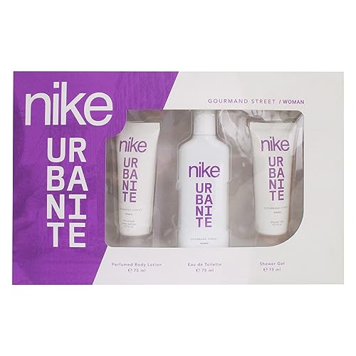 NIKE - Gourmand Street Colonia 100 ml + Gel de Baño 75 ml + Crema Corporal 75 ml, Estuche de Regalo Mujer, Eau de Toilette Femenina, Aroma Cítrico Amaderado, Fragancia Fresca, Elegante y Duradera