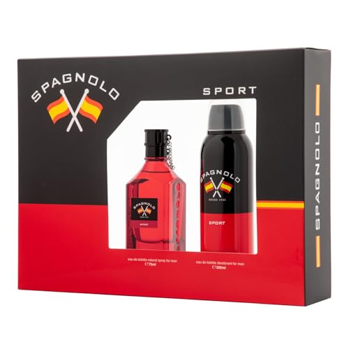 SPAGNOLO - Sport Colonia 75 ml + Desodorante en Spray 200 ml, Estuche de Regalo Hombre, Eau de Toilette Natural y Masculina, Aroma Amaderado Especiado, Fragancia Fresca, Enérgica y de Larga Duración