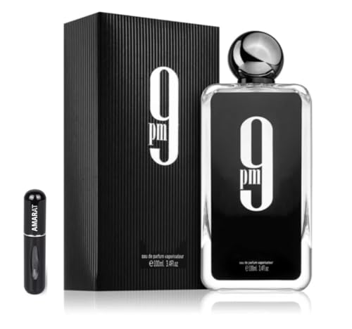 Perfume 9 PM Eau de Parfum 100 ml, Perfume Árabe para Hombre de Larga Duración, Incluye Atomizador Recargable 5ML, Fragancia Dulce y Especiada con Manzana Roja, Lavanda, Canela y Vainilla (9 PM)
