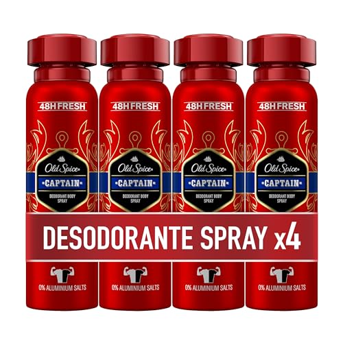 Old Spice Captain Desodorante Corporal En Spray Para Hombre, 48 Horas Fresco, 0% Sales De Aluminio, Antimanchas Blancas Y Amarillentas, 4x150 ml (el embalaje puede variar)