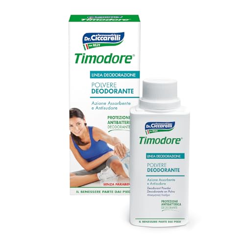 Timodore, Polvo Desodorante, Acción Absorbente y Antitranspirante, Solución Ideal para el Problema de la Sudoración, Protección Antibacteriana, 100% Made in Italy, Dermatológicamente Testado, 75 gr