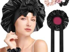 GlasFlength Gorro de Seda para Dormir, Gorro de Dormir Suave Ajustable Gorro de Satén con Banda Ancha Elástica Transpirable Gorro Saten Doble Capa Gorro Pelo Rizado Dormir para Mujeres Niñas(Negro)