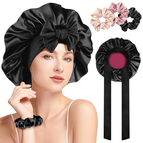 GlasFlength Gorro de Seda para Dormir, Gorro de Dormir Suave Ajustable Gorro de Satén con Banda Ancha Elástica Transpirable Gorro Saten Doble Capa Gorro Pelo Rizado Dormir para Mujeres Niñas(Negro)