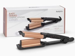 BaByliss Waver Ondas Suferas para el cabello – Barril Recubierto de cerámica, 3 ajustes de calor (160°C-200°C), Ondas sueltas, Sin frizz, Calentamiento rápido, Negro/Dorado, W2447E