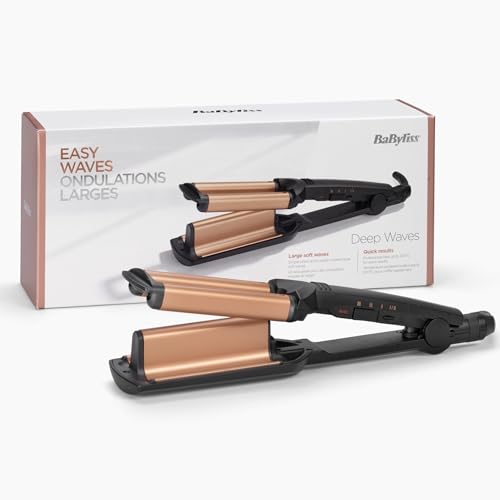 BaByliss Waver Ondas Suferas para el cabello – Barril Recubierto de cerámica, 3 ajustes de calor (160°C-200°C), Ondas sueltas, Sin frizz, Calentamiento rápido, Negro/Dorado, W2447E