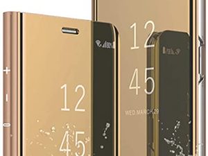 Carcasa para Samsung Galaxy A12, Fundas para Moviles, Transparente con Tapa y Cristal Templado, Protector de Pantalla de Espejo con Efecto Espejo y Tapa Dura, Piel Sintética, Ultrafina, Color Dorado