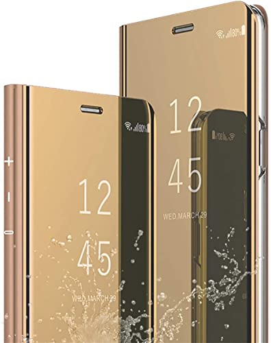 Carcasa para Samsung Galaxy A12, Fundas para Moviles, Transparente con Tapa y Cristal Templado, Protector de Pantalla de Espejo con Efecto Espejo y Tapa Dura, Piel Sintética, Ultrafina, Color Dorado