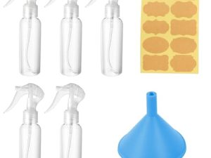 5 Pcs 100ML Bote Spray Pulverizador Spray Bottles, Pequeño Atomizador Botellas de Vacio Pulverizadoras Transparente para Cabello Viajes Limpieza Jardinería Plantas,con 1 Hoja aAhesiva, 1 Embudo